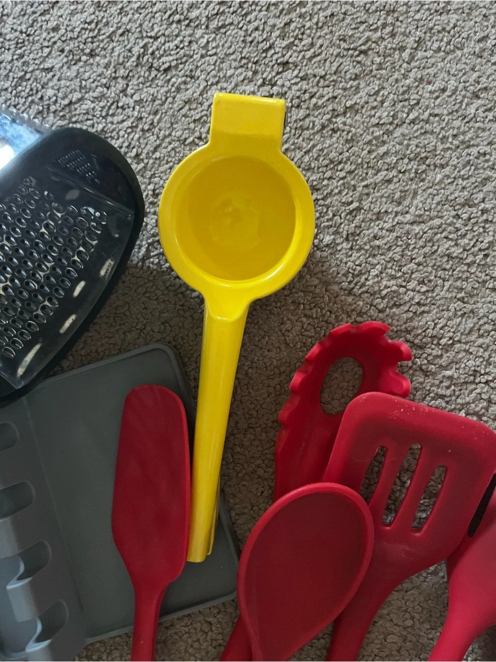 White Colander with Red Silicone Kitchen Utensil Set